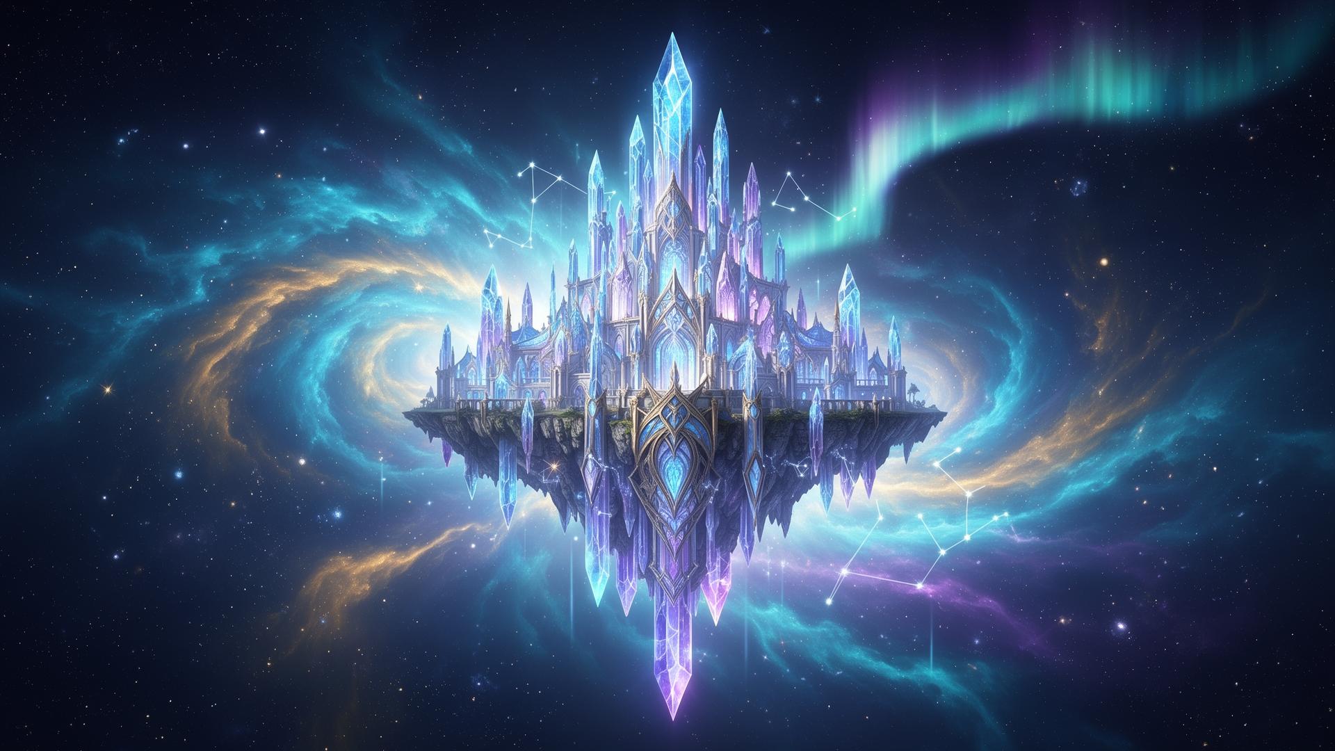 Celestial crystal palace floating in a cosmic nebula